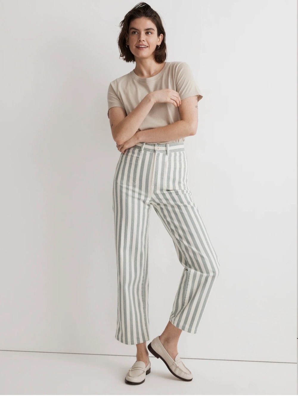 Madewell Emmet Wide Leg Crop Pants in Green Ivory Stripe Sz 27